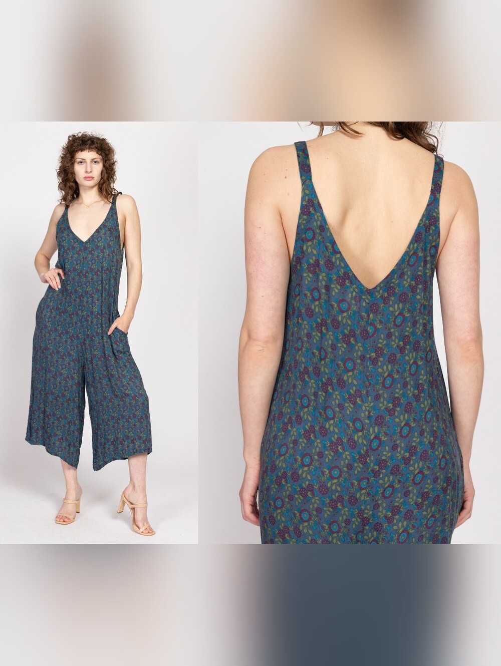 Natural Life Blue Floral Let's Just Go Wide-Leg Jumpsuit Size Large